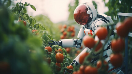 a Modern digital technologies robot with intelligence take care of crops tomato in greenhouses. - obrazy, fototapety, plakaty