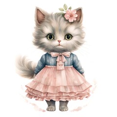 watercolor illustration of a cartoon adorable fluffy cat in a dress on a white background