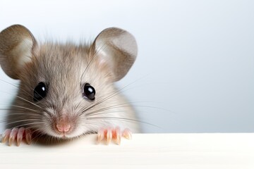 Cute grey mouse peeks out from behind blank banner