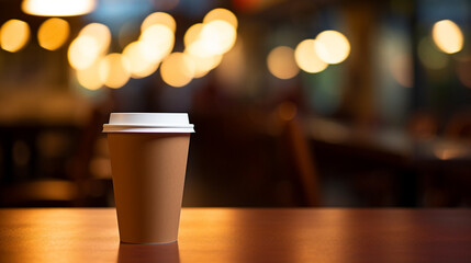 A cup of coffee on a wooden table served in a cafe. Bokeh background with light focused on coffee and table. The atmosphere outside is dark - obrazy, fototapety, plakaty
