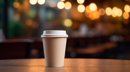 A cup of coffee on a wooden table served in a cafe. Bokeh background with light focused on coffee and table. The atmosphere outside is dark - Powered by Adobe