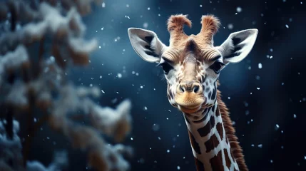 Gordijnen Close-up portrait of giraffe head. New Year animal concept or Christmas winter holidays. Holidays are coming. Funny animal on outdoor winter background with snow. © DenisNata