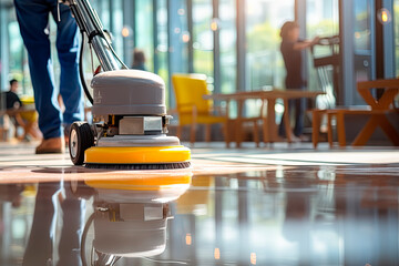  Worker polishing hard floor with high speed polishing machine - obrazy, fototapety, plakaty