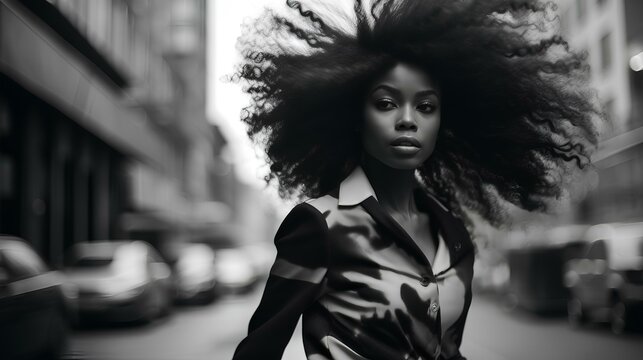 a black female model in a new york street blurry background, in the style of surreal fashion, black and white, monochrome. generative AI
