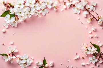 Fototapeta na wymiar Fresh branches of cherry white blossoms with petals on pastel pink background. Soft light color. Mockup for positive ideas. Empty place for inspirational, emotional, sentimental text or quote.