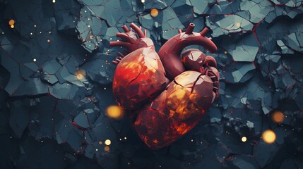 Broken heart on a dark blue background with space for text. Illustration of heartache and anguish.