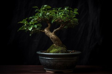 A small potted plant with a lovely green tree, featured against a dark vignette background. Generative AI