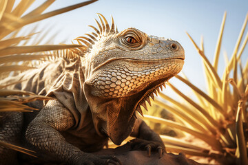 Iguana in nature desert. Concept of animal posing, reptile, lizard.