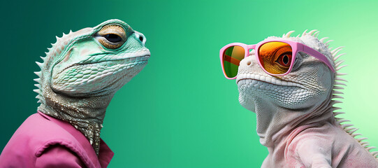 Two iguanas looking at each other on green background. Pink iguana wearing retro sunglasses. Concept of animal posing, reptile, lizard. 