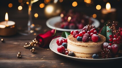 Curd cheesecake with raspberries and blueberries. Festive dessert in a plate. Sweets on a plate. Bokeh of garlands - obrazy, fototapety, plakaty