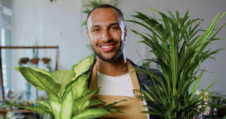 Obraz premium Cheerful professional florist African American man floral worker wearing apron holding house plants flowers at cozy flower shop looking at camera smiling.