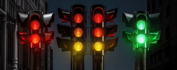 traffic lights on in dark night city. semaphore banner