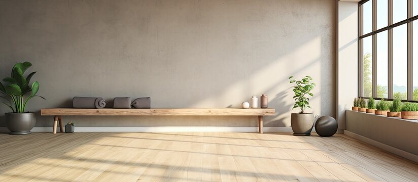 Well lit yoga gym with equipment empty wall natural light wooden flooring Health and wellness theme 3D render empty space