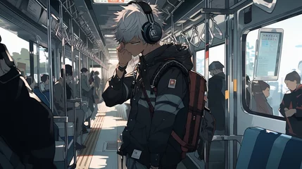 Foto op Plexiglas Anime male character wearing headphones surrounded by the city. Concept: Listening to music on audio media. Portable all-in-one music audio device  © Marynkka_muis_ua