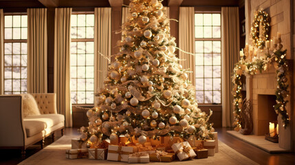 A traditional Christmas tree adorned with a sumptuous collection of dazzling baubles, nestled within a luminous, dreamy light aura that radiates warmth and joy.