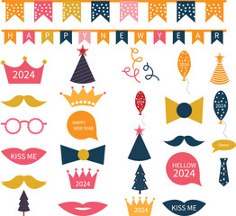 New Year 2024 party design elements and decoration set.