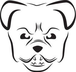 Black and White line art of a pitbull or American Staffordshire terrier dog head looking anxious or aggressive. Lines are like brushstrokes.