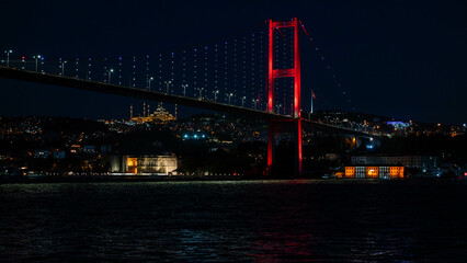 Fototapeta na wymiar Bosphorous Cruise at Night: Martyr's Bridge Closeup, Istanbul, Turkey