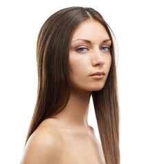 Fototapeta premium Beauty, hair and portrait of serious woman isolated in studio with salon hairstyle, confidence and keratin. Haircare, natural style and face of model girl with healthy growth on white background.