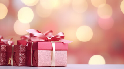 Fototapeta premium petits cadeaux de noël au papier coloré et ruban présenté devant un arrière plan flou de paillettes et d’étoiles brillantes