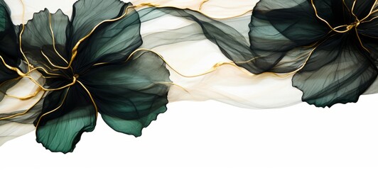 Abstract marbled ink liquid fluid watercolor painting texture banner - Dark greenpetals, blossom flower swirls gold painted lines, isolated on white background. - obrazy, fototapety, plakaty
