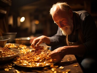 Old man numismatist with gold coins at the table AI - obrazy, fototapety, plakaty
