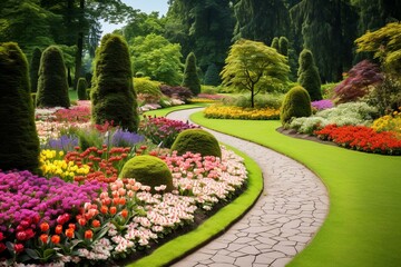 Path meandering through colorful flowerbeds and lush lawns. Generative AI
