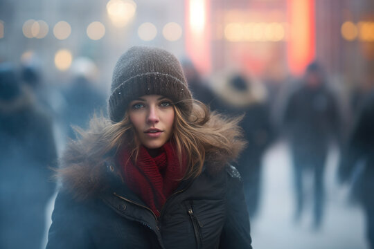 jeune femme avec veste chaude et bonnet dans la rue et le froid plein hiver