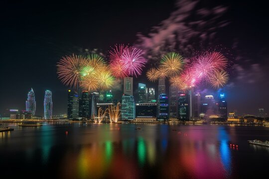 Colorful fireworks illuminate Singapore skyline during New Year's Eve celebration. Generative AI