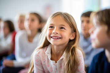 portrait de jeunes enfants souriant en groupe dans leur salle de classe à l'école - obrazy, fototapety, plakaty