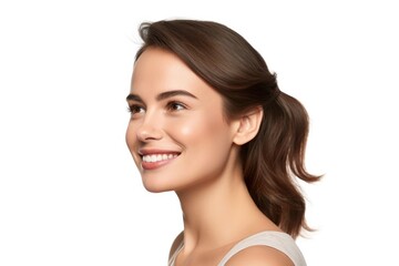 Young beautiful brunette woman with short hair and toothy smile on white background, close up profile portrait.