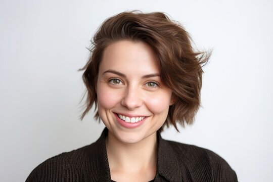 Young beautiful brunette woman with short hair and toothy smile on white background, looking at camera, close up portrait.