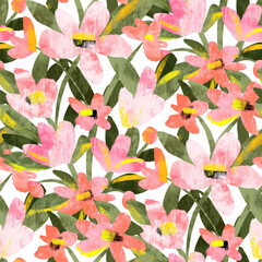 Seamless pattern with bright spring flowers. Digital painting.