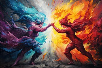 Self-violence and abuse concept. Person with inner conflict and mental health problems, fighting with your own demons, artistic depiction of the battle against mental issues - obrazy, fototapety, plakaty
