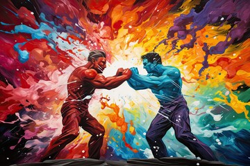 Fototapeta na wymiar Mental health concept, a man's two inner sides fighting in a colorful abstract background, two men are fighting in color splashed background, angry vs calm combat