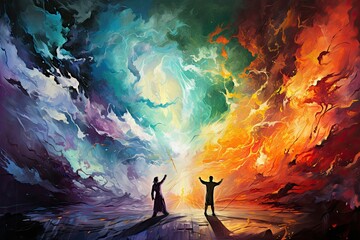 Conceptual image of a man and woman dancing in the night, Red and blue fire on background on two sides collapse, fire and ice concept design, red and blue smoke, mental health - obrazy, fototapety, plakaty