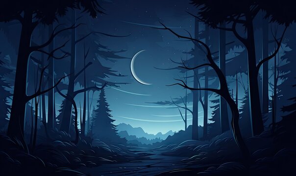 dark woods at night with trees Generative AI