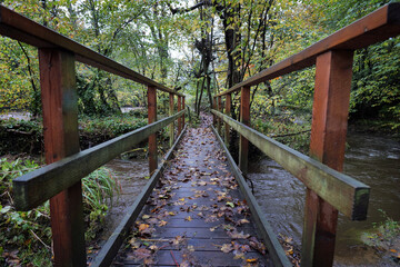 Wooden bridge over stream in Autumn with strong vanishing point effect