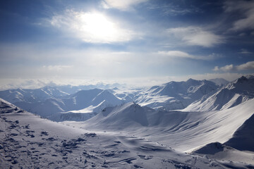 Fototapeta premium Snowy mountains in evening