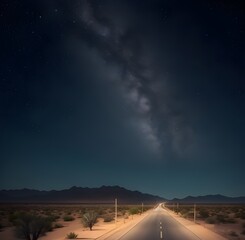 Empty Road in the Desert at night with bright Stars