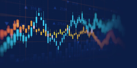 Widescreen Abstract financial graph with uptrend line and bar chart of stock market on blue color...