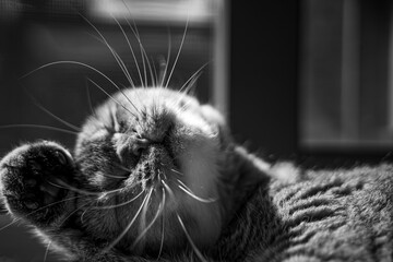 cat grooming in black and white,