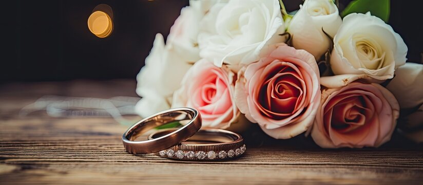 Wedding rings rest on a wooden surface amid flowers in a beautiful picture