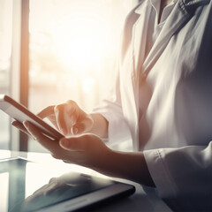 Doctor using a digital tablet on a light background, concept of digitalization in medicine - obrazy, fototapety, plakaty