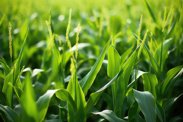 Fototapeta premium This close-up captures vibrant green biofuel crops like corn or sugarcane, highlighting their role in sustainable energy production.