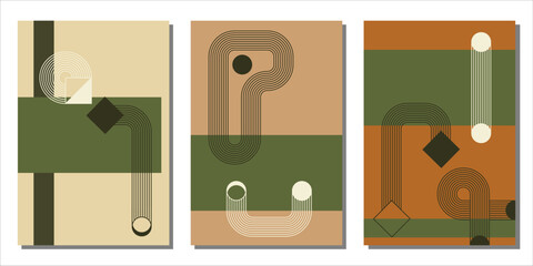 Modern boho minimalist art. Set of abstract posters with geometric shapes and zen arch bohemian silhouettes. Design for wall decor, cover, background, card, branding, wallpaper. Vector illustration.