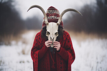 Shaman holding horn animal skull and wearing in red cloak on blurred winter landscape. Mystical ritual of death. Sacred objects for ancient pagan rites. Slavic or Scandinavian culture ritual - obrazy, fototapety, plakaty