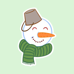 Cute Snowman sticker, with bucket and green skarf. Icon or sticker for scrapbook