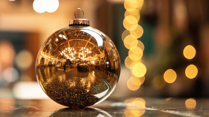 A close-up view of a shiny bauble reflecting the festive ambiance of the room.