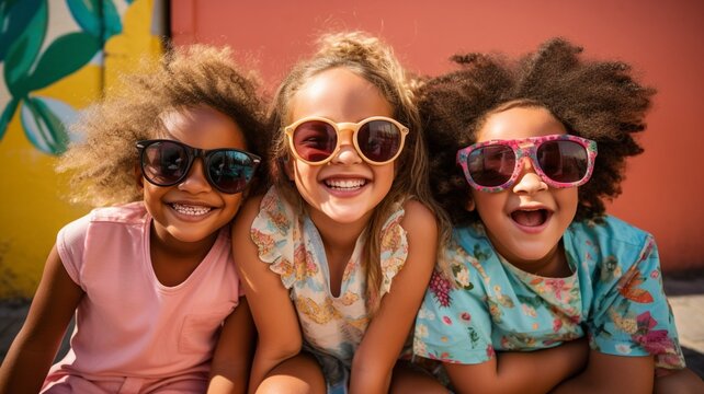 group of children wearing colorful summer clothes and sunglasses, laughing and posing. Spring summer fashion for youth concept. Generative AI